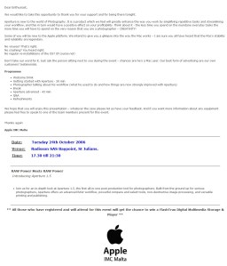 I managed to find the original Aperture seminar email invitation. The actual date was 24 October 2006. That how long I know Kevin!