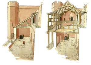 Cross sections of the east range with galleries overlooking the courtyard