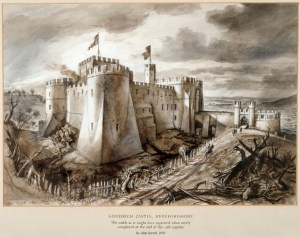 Title: GOODRICH CASTLE, Author: Alan Sorrell, 1959. Type: Reconstruction drawing - The castle from the south as it may have appeared when newly completed at the end of the 13th century.