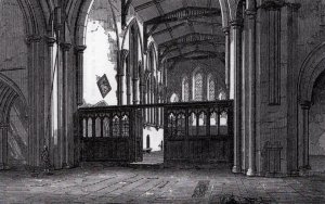 Brecon Cathedral - before the alternations and renovation made by Gilbert Scott in 1860's.  Engraving reproduced from A Shirt Account  of the Church of St John the Evangelist or Holy Rood at Brecon, printed for the first time by D. C. Dallas in London in 1873. Used with permission