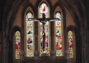 Brecon Cathedral - Main nave with the cross Photography by The Brecon Cathedral Archives. Used with permission