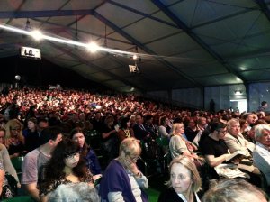 Public waiting for Steven Moffat inside the TATA tent