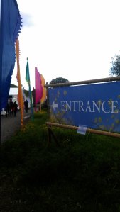 Entrance and colorful flags