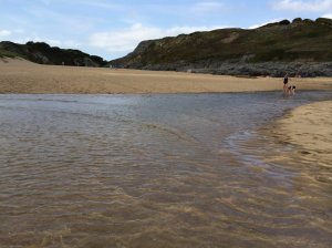 Rising tide creates  small streams along the beach